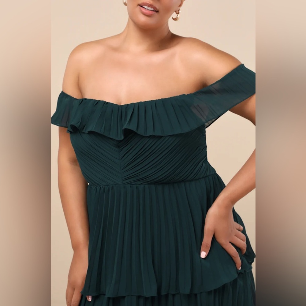 Lulus Always Remarkable Emerald Pleated Off-the-Shoulder Maxi Dress - Picture 8 of 12